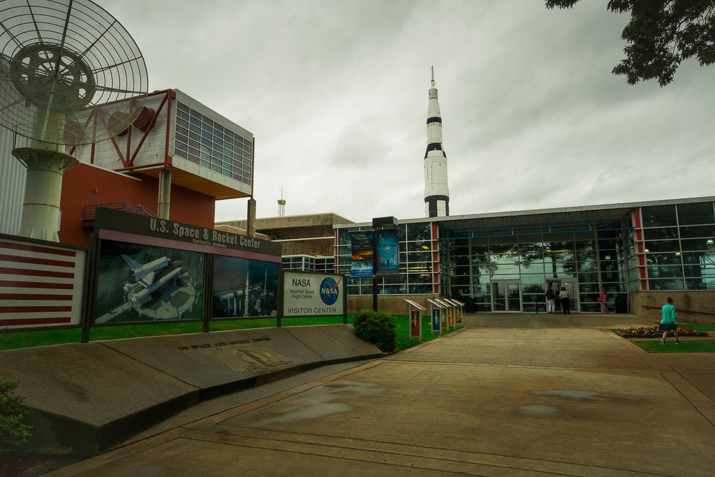 Skyline of the US Space and Rocket Center that can be seen from miles away